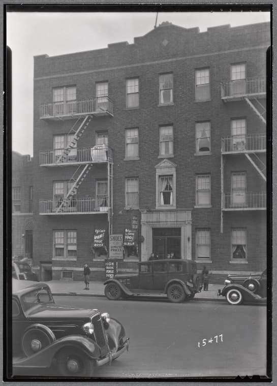 Apartment building with first floor shoe shop: Saratoga Ave.-Riverdale Av-Livonia, Brooklyn, 1936