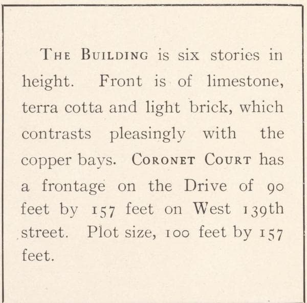 Coronet Court, southeast corner of Riverside Drive and 139th Street; Plan of first floor; Plan of upper floors., 1908