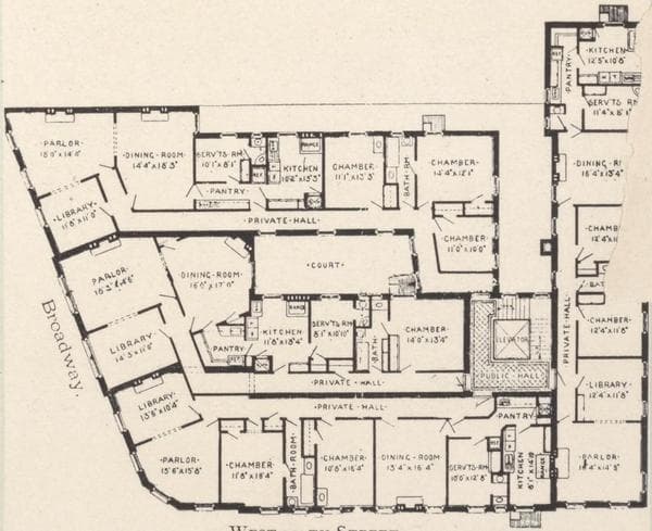 Miscellaneous apartments. The Fontainbleau, 1851 Seventh Avenue, southeast corner 113th Street and Seventh Avenue; Typical floor plan; The Ridgewood, northeast corner 107th Street and Broadway, facing Schuyler Square; Typical floor plan; The Chantilly, 1855th Seventh Avenue, northeast corner of 113th Street; Typical floor plan., 1908