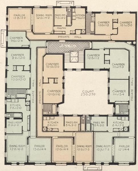 Woodward Hall, southeast corner Madison Avenue and Ninety-sixth Street; Plan of first floor; Plan of upper floors., 1908