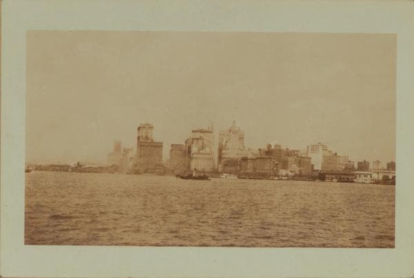 North (Hudson) River - Shore and skyline - Manhattan - Battery - 14th Street - [Ellis Island Ferry House - United States Barge Office.], 1925–1926