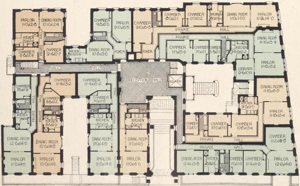 Coronet Court, southeast corner of Riverside Drive and 139th Street; Plan of first floor; Plan of upper floors., 1908