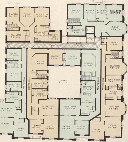 Cromwell Apartments, northeast corner Riverside Drive and 137th Street; Plan of first floor; Plan of upper floors., 1908