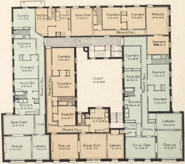 The Annamere Court, 609-615 West 155th Street; Plan of first floor; Plan of upper floors., 1908