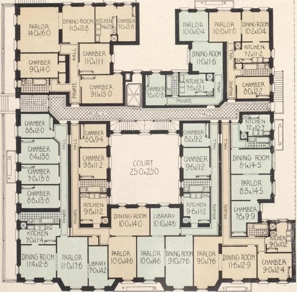University Court, Northwest corner Morningside Drive and 117th Street; Plan of first floor; Plan of upper floors., 1908