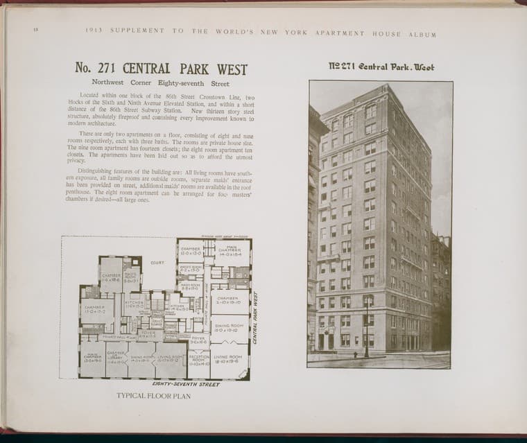 No. 271 Central Park West. Northwest Corner Eighty-seventh Street., 1913