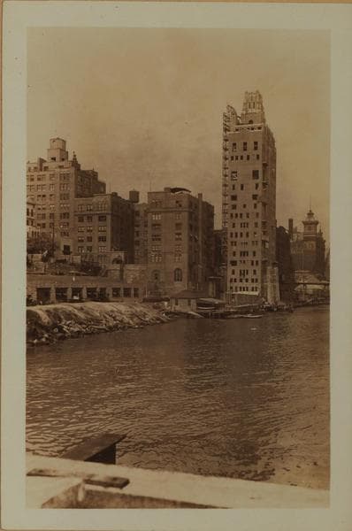 East River - Shore and skyline of Manhattan from East 50th Street - Williamsburg and Queensborough Bridges - [Campanile Apartments.], 1927