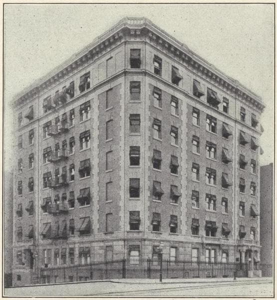 Miscellaneous apartments. Palisade Court, northwest corner 139th Street and Broadway; Typical floor plan; Tintern and Teviot, 2465-2471 Broadway between 91st and 92nd Streets; Typical floor plan; The Trinidad and Yucatan, 501 West 138th Street, northwest corner 138th Street and Amsterdam Avenue; Typical floor plan., 1908