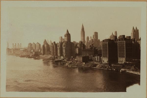 East River - Shore and skyline of Manhattan from East 57th Street - [Sutton Place ] - Williamsburg and Queensborough Bridges., 1933