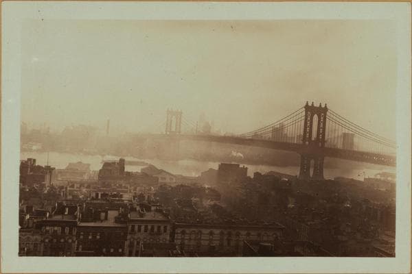 Bridges - Manhattan Bridge - [Looking south from Jewish Daily Forward building at Stewart Park.], 1930