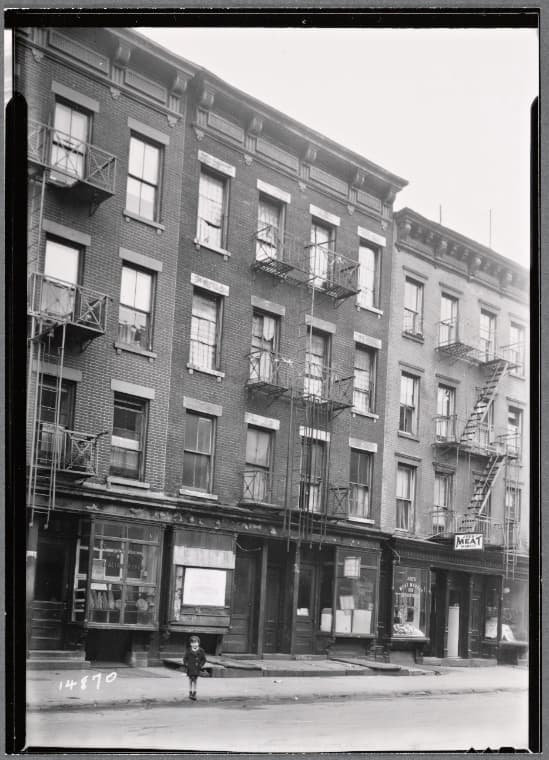 Storefronts & tenements; A. Messineo Italian Bakery; Joe's Meats: 306-310 E. 115th St.-2nd Ave., Manhattan, 1935