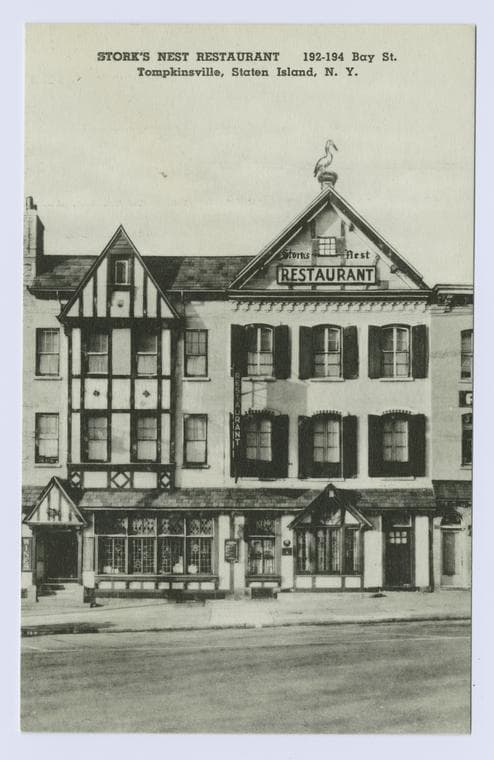 Stork's Nest Restaurant, 192-194 Bay St. Tompkinsville, Staten Island, N.Y. [ext. with stork perched on chimney.]