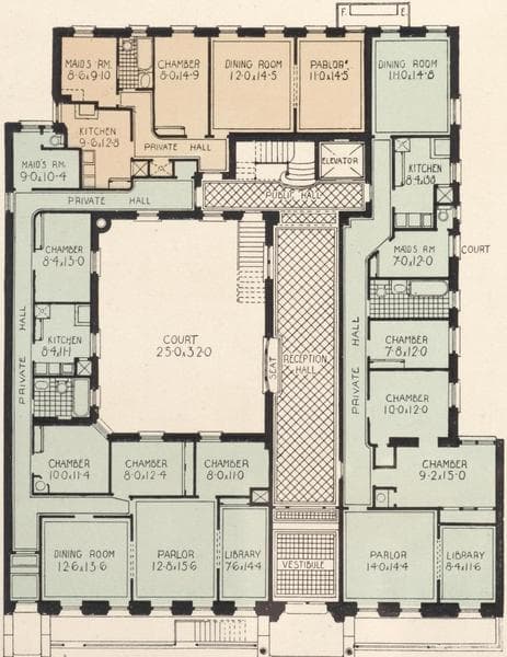 The Porthos and the Athos, 146-148 and 152-154 West 118th Street ; Plan of first floor; Plan of upper floors., 1908