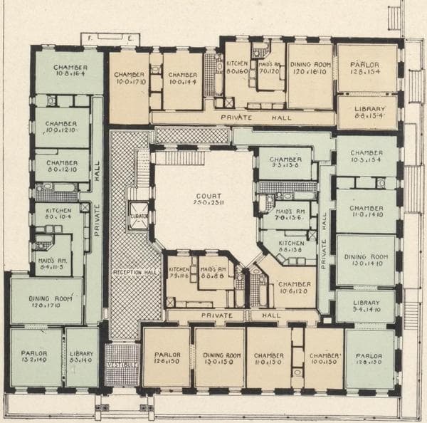 The Van Cortlandt, northwest corner Park Avenue and 96th Street; Plan of first floor; Plan of upper floors., 1908
