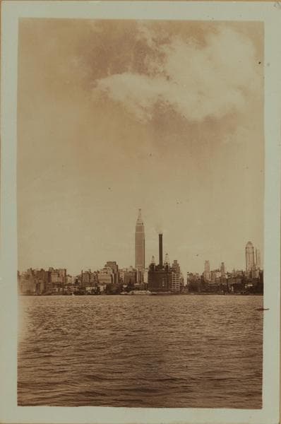 East River - Shore and skyline of Manhattan between East 32nd and 38th Streets - Williamsburg and Queensborough Bridges - [Chase National Bank ; Continental Building ; Empire State Building ; New York Steam Corporation ; Metropolitan Life Insurance Company ; New York Life Insurance Company ; Burns Bros. Coal Co. ; Consolidated Edison Company ; Sinram Brothers Coal Company.], 1932–1935