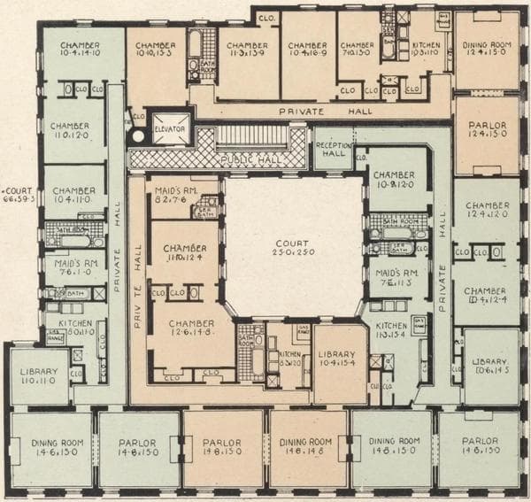 The Mannados, No. 17 East Ninety-seventh Street, northwest corner Madison Avenue; Plan of first floor; Plan of upper floors., 1908