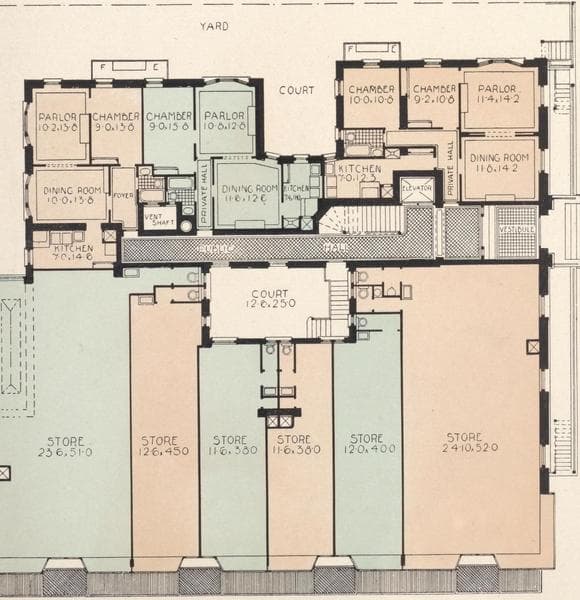 Fort Tryon Apartments, northeast corner St. Nicholas Avenue and One hundred and eightieth Street; Plan of first floor; Plan of upper floors., 1908