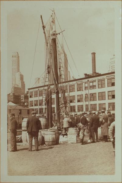 Fulton fish market docks in Manhattan - [Packing fish into barrels.], 1934