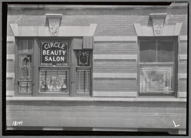 Circle Beauty Salon windows: 195 Prospect Park West-14th St-15 St., Brooklyn, 1937