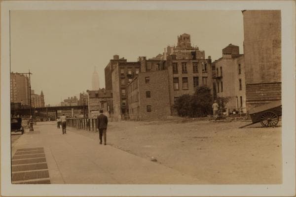 Manhattan: 6th Avenue - Minetta Street. Top: Sixth Avenue, (Extension), east side, north from Minetta Street, showing clearace from Minetta Street to Minetta Lane. Also seen is the Sixth Avenue Elevated Line on West 3rd Street, making a sharp bend, to continue northward on Sixth Avenue, May 29, 1935. Bottom: The same, including the west side of Sixth Avenue, showing a playground on the former clearance, October 29, 1936., 1935–1936