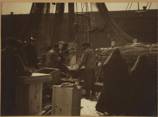 Fulton fish market in Manhattan - [Sisters observing fishermen weighing the day's catch.], 1936