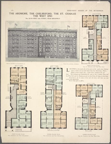 The Ardmore, The Chelmsford, The St. Charles, The West End, Nos. 532-544 West 145th Street, near Broadway; First floor plan [of] The St. Charles and The West End; First floor plan [of] The Ardmore and The Chelmsford; Upper floor plan [of] The Ardmore and The Chelmsford; Upper floor plan [of] The St. Charles and The West End., 1908
