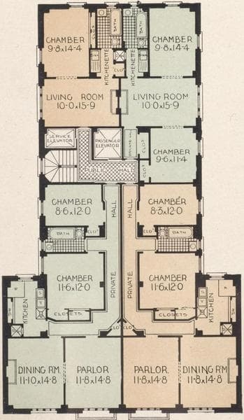 The Westerfield, 610 West 116th Street; Plan of upper floors; Plan of first floor; View from The Westerfield looking West, 1909