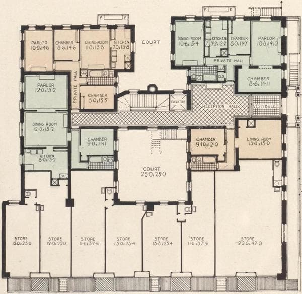 The Washington Heights, northeast corner Broadway and 159th Street; View looking south; Plan of first floor; Plan of upper floors., 1908