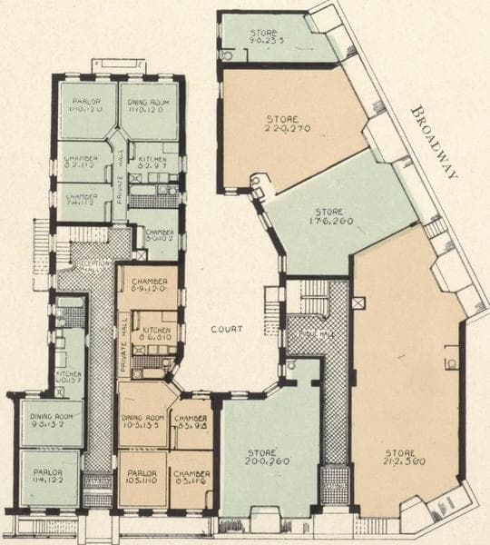 The Bertram and the Lucian, southeast corner Broadway and 129th Street; Plan of first floor; Plan of upper floors., 1908