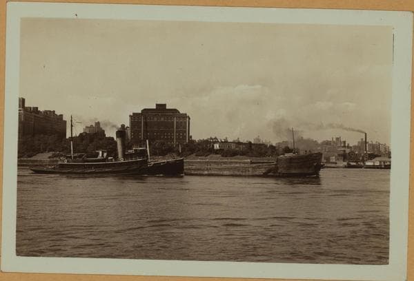 East River - Shore and skyline of Manhattan from East 86th Street - Queensborough Bridge - [Doctor's Hospital ; Municipal Asphalt Plant.], 1931–1934