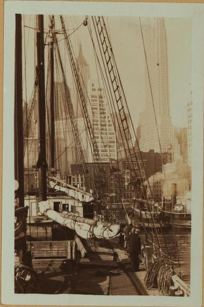 East River - shore and skyline ; South ferry ; Williamsburg bridge., 1933