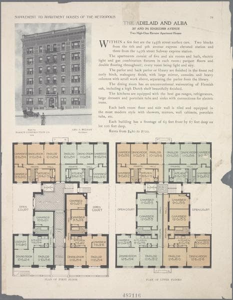 The Adelaid and Alba, 287 and 291 Edgecomb Avenue; Plan of first floor; Plan of upper floors., 1909