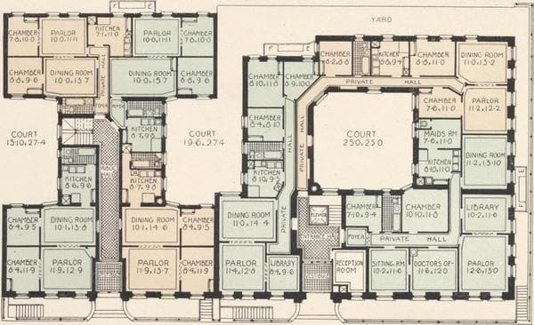 The St. Cloud (six-story elevator apartment house), The Fernwood (five-story non-elevator apartment house), northeast corner Prospect Avenue and 164th Street, Bronx; Plan of first floor; Plan of upper floors., 1908