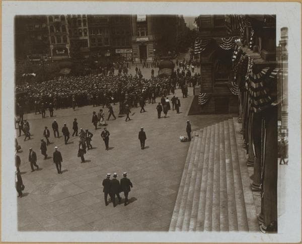 Manhattan: City Hall Park - City Hall building in gala attire for reception of Amelie Earhart., 1930
