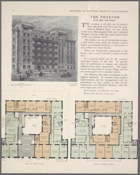 The Phaeton, 537-545 West 112th Street; Plan of first floor; Plan of upper floors., 1909