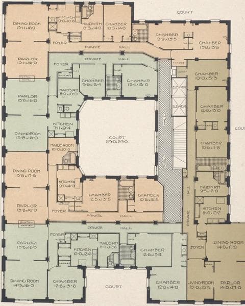 The Dreadnaught, northwest corner Amsterdam Avenue and Cathedral Parkway (110th Street). Plan of first floor; Plan of upper floors., 1909