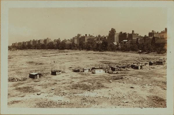 Squatters Colony - Central Park, Manhattan - [Unemployed squatters' shacks on the lower reservoir site.], 1933