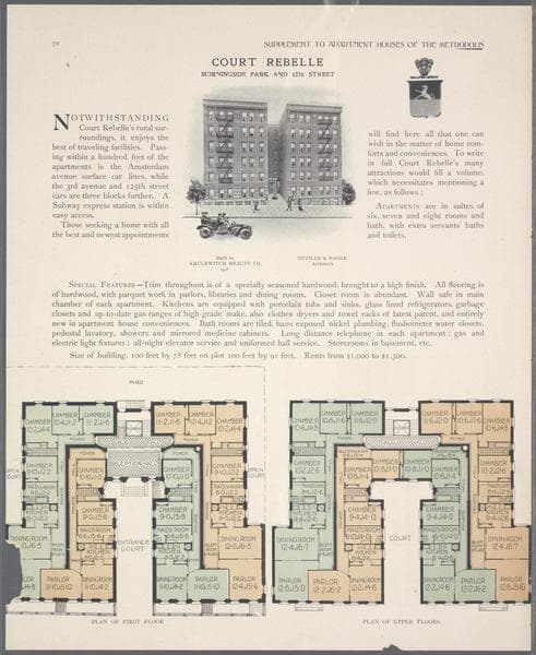 Court Rebelle, Morningside Park and 122nd Street; Plan of first floor; Plan of upper floors., 1909