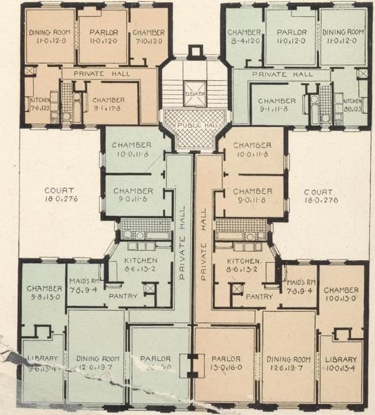 The Pennington, 314-318 West 95th Street; Plan of first floor; Plan of upper floors., 1908