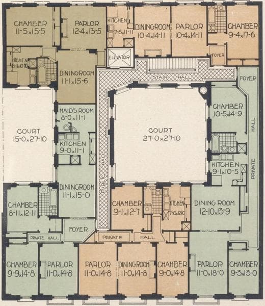 The Illinois and Michigan, Nos. 511 and 517 West 113th Street, between Broadway and Amsterdam Avenue; Plan of first floor; Plan of upper floors., 1909