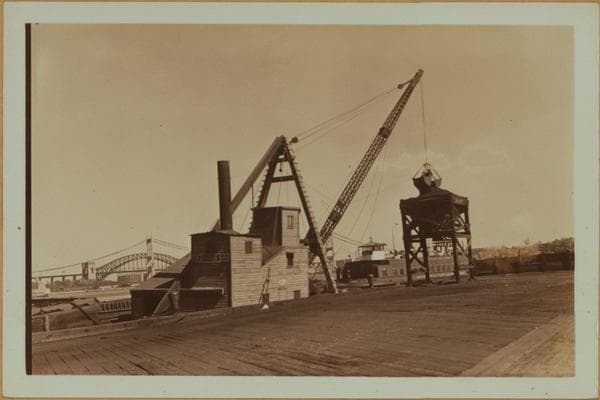 East River - [View of East River pier and portions of Triborough and Hell Gate Bridges.], 1935