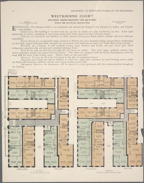 Westbourne Court, southeast corner Broadway and 140th Street. Plan of first floor; Typical upper floor plan., 1909