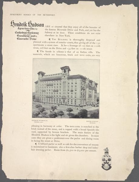 Hendrik Hudson Apartments. Cathedral Parkway (110th Street), Broadway and Riverside Drive.