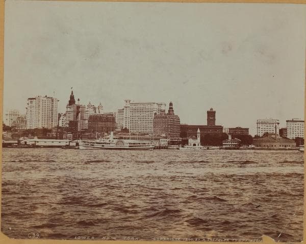 North (Hudson) River - Shore and skyline - Manhattan - Battery - 14th Street - [American Surety Company ; New York Aquarium ; New York Produce Exchange ; Union Trust Company ; Washington Building ; Battery Park Building ; Bowling Green Building ; Chesebrough Building.], 1897–1900