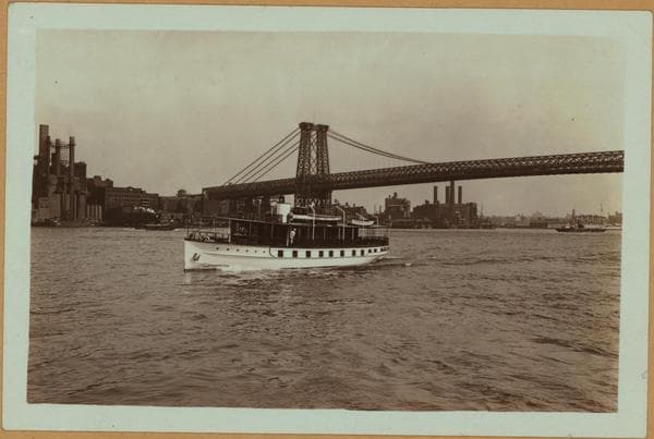 Bridges - Williamsburg Bridge [spans the East River, beginning at Delancey Street in Manhattan and terminating in Williamsburg, Brooklyn - View of the Bridge, showing Tugboat El Chico; Oil barge Sunoco 3; Yacht North Star; Dredge barge.], 1930–1935