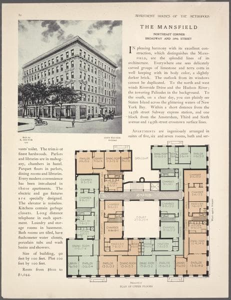 The Mansfield, northeast corner Broadway and 149th Street; Plan of upper floors., 1908