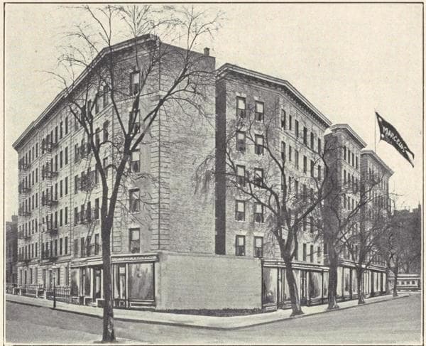 The Bertram and the Lucian, southeast corner Broadway and 129th Street; Plan of first floor; Plan of upper floors., 1908