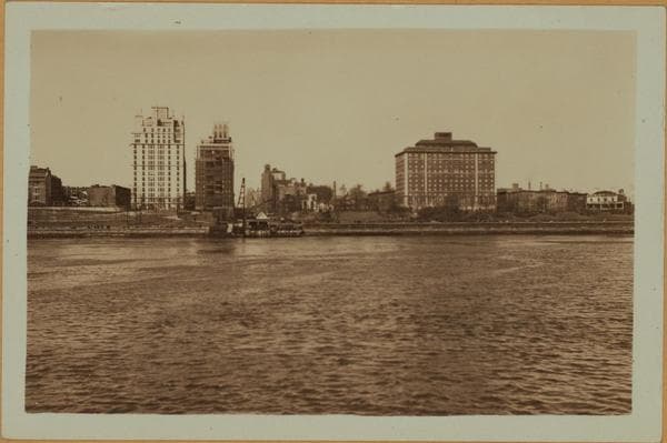 East River - Shore and skyline of Manhattan between East 85th and 92nd Streets - Queensborough Bridge - [Doctor's Hospital - Municipal Asphalt Plant - Miss Chapin's School.], 1931–1933