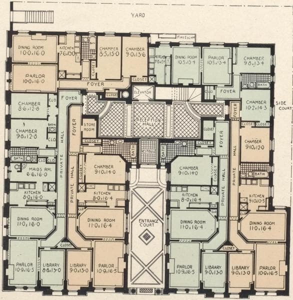 Audubon Park Apartments, southeast corner Broadway and 156th Street; Plan of first floor; Plan of upper floors., 1908