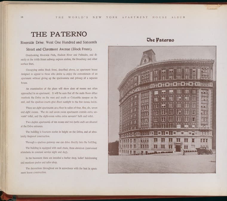 The Paterno. Riverside Drive, West One Hundred and Sixteenth Street and Claremont Avenue (Block Front)., 1910-03